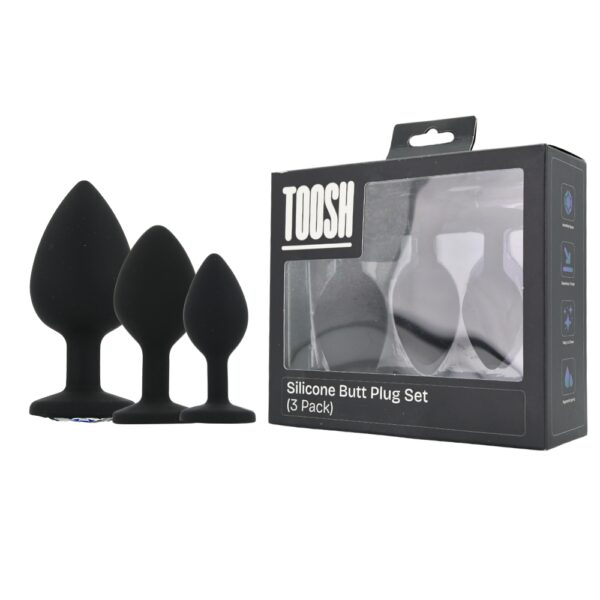 Toosh Silicone Butt Plug Black Set of 3 Clear Stone